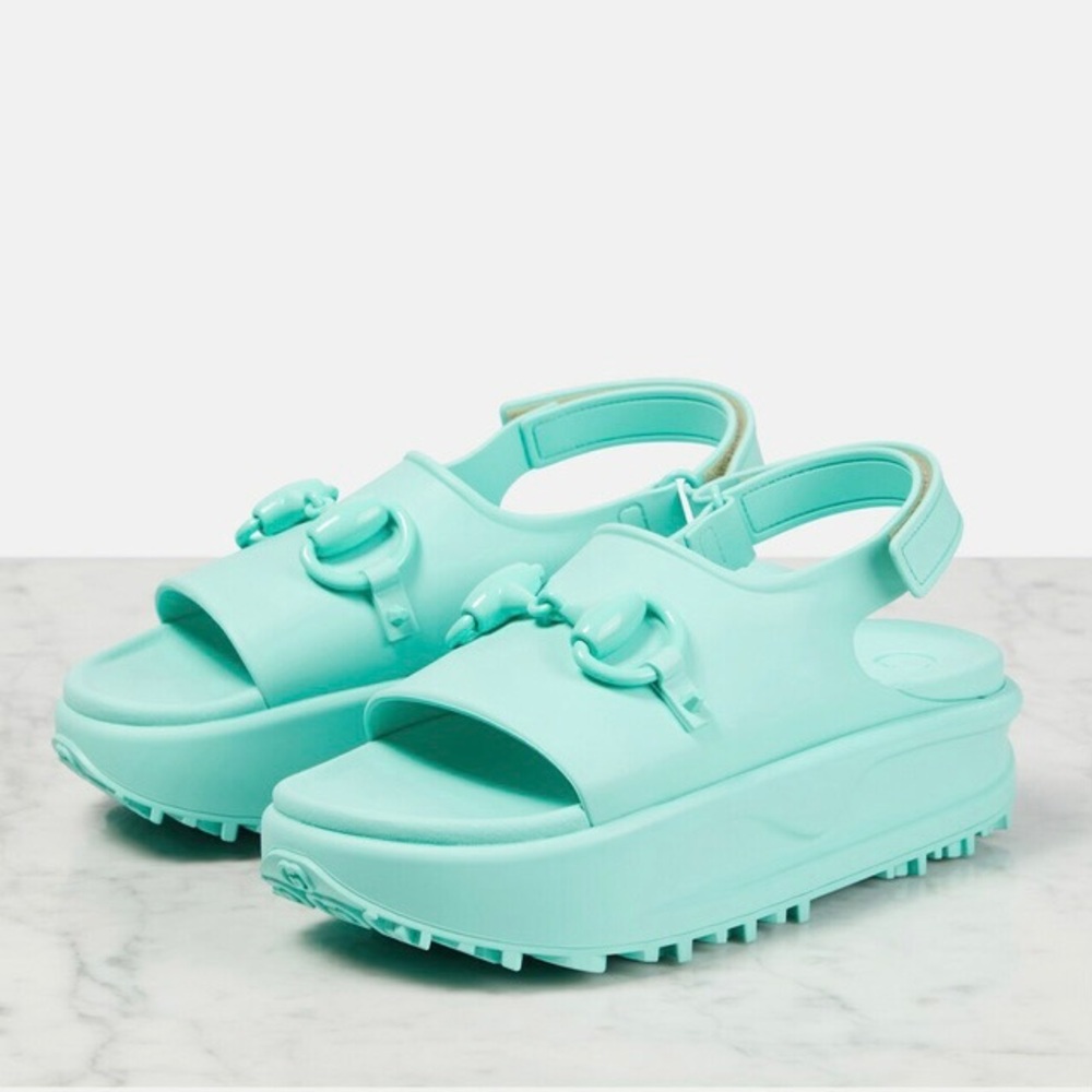 $750 New in Box Gucci Made in Italy Green Horsebit Rubber Platform Sandals sz 6